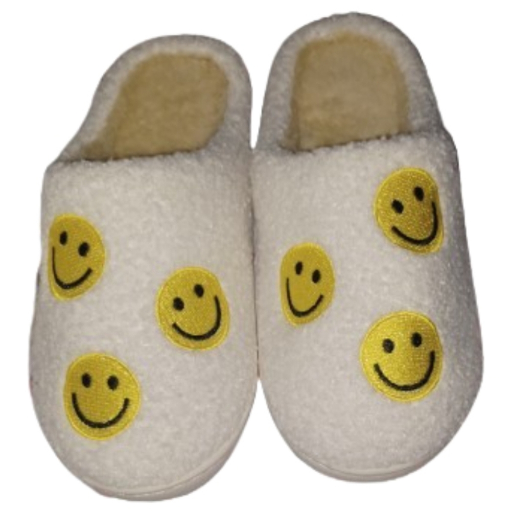 Cozy White Slippers with Smiley Faces & Outdoor Ready Rubber Soles (Size M 7-8)